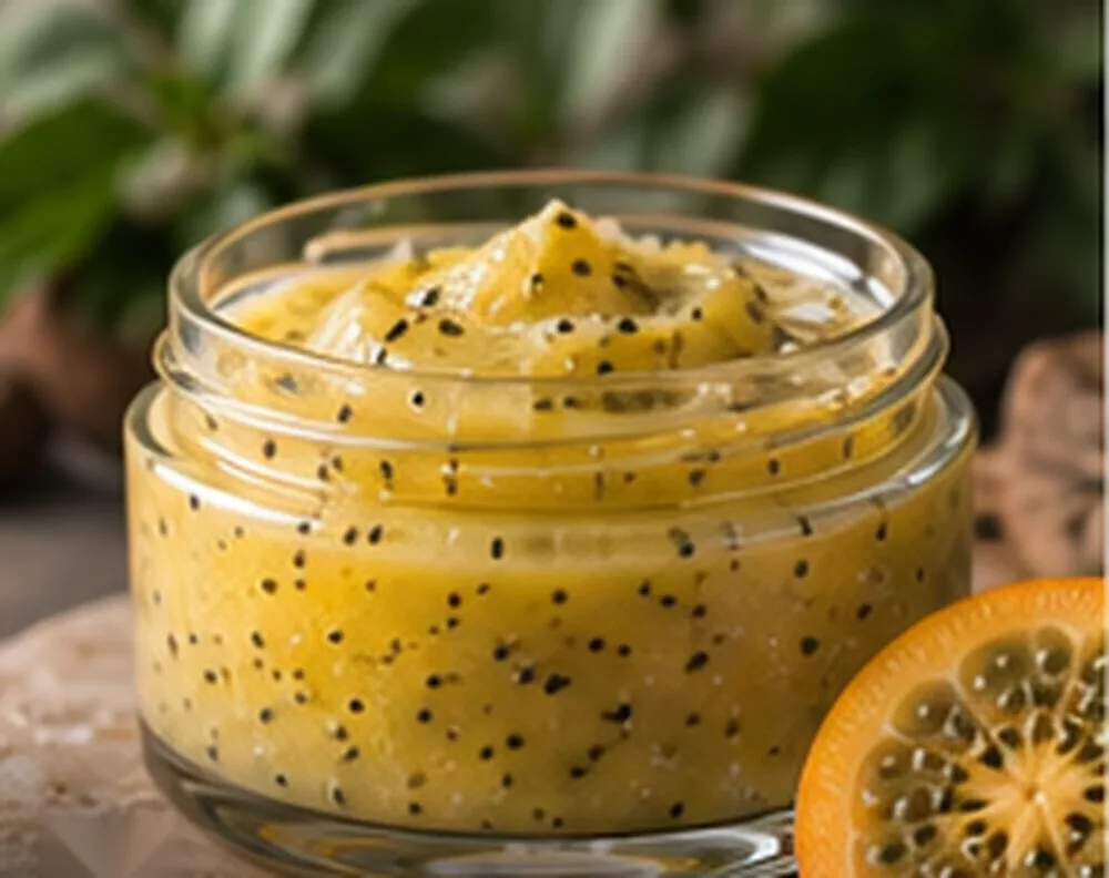 Mascarilla cosmética inspirada en lulo, presentada en frasco junto a frutos de lulo.