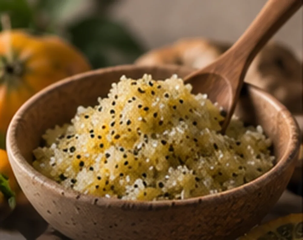Exfoliante cosmético inspirado en lulo servido en cuenco de madera.