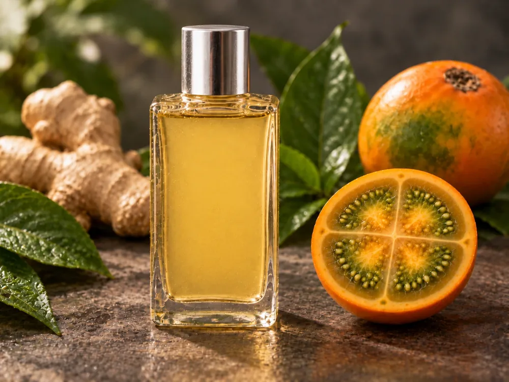 Frasco transparente con tónico cosmético inspirado en lulo.