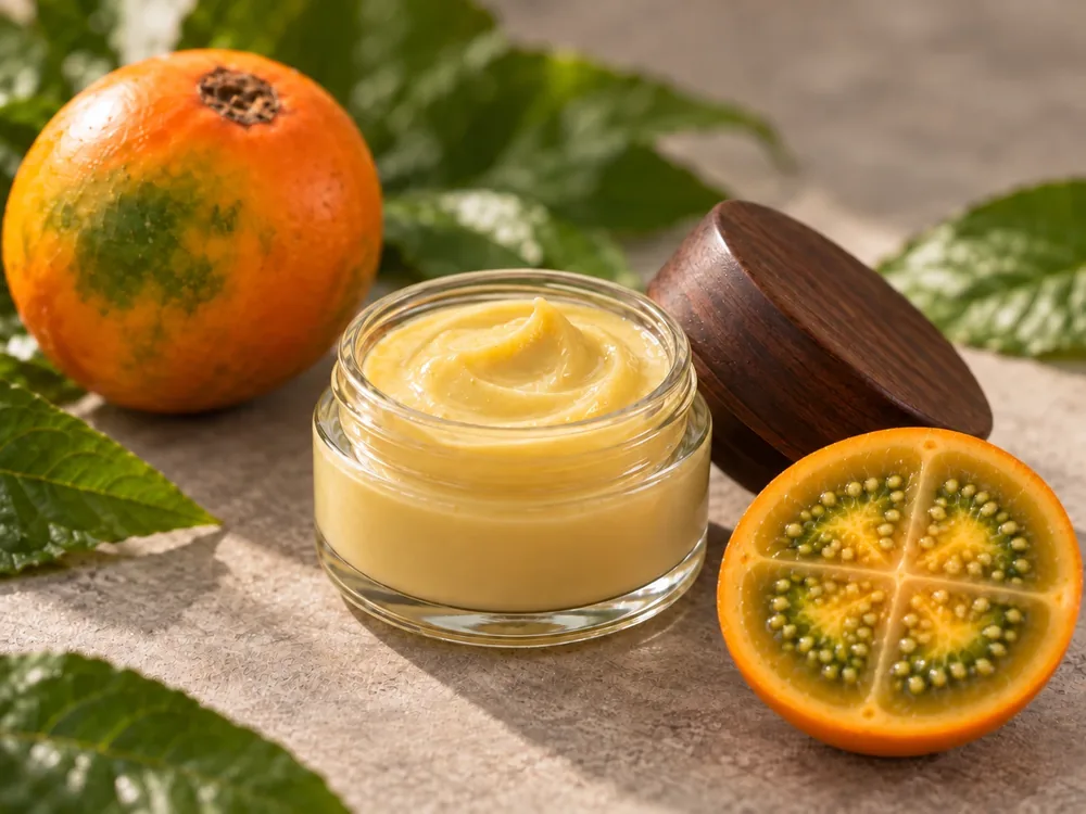 Bálsamo cremoso inspirado en lulo en envase cosmético.