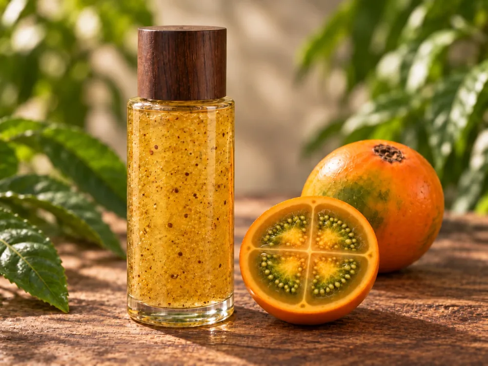 Exfoliante corporal inspirado en lulo en frasco de vidrio.