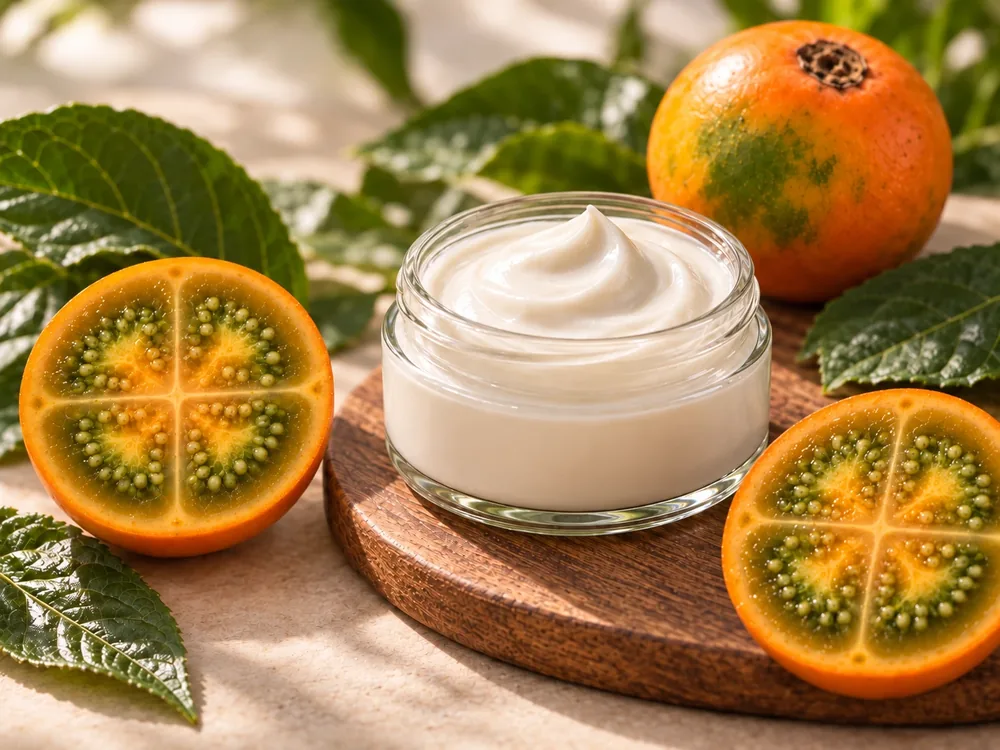 Crema corporal cosmética junto a frutos de lulo.