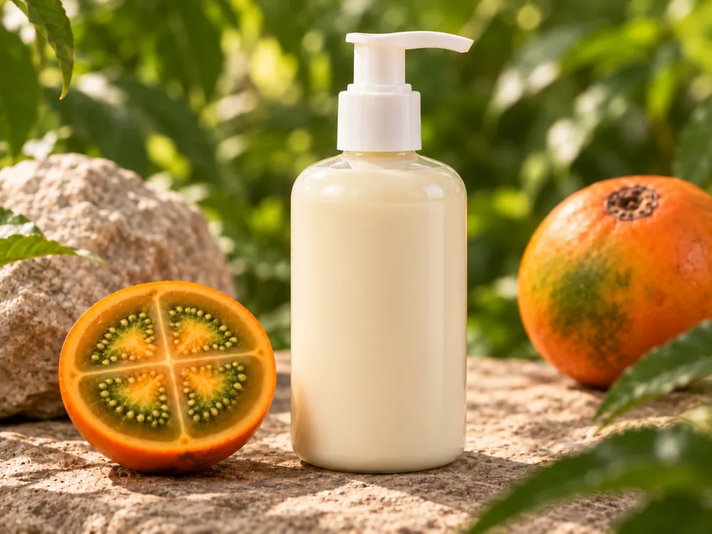 Acondicionador cosmético inspirado en lulo en envase con dispensador.