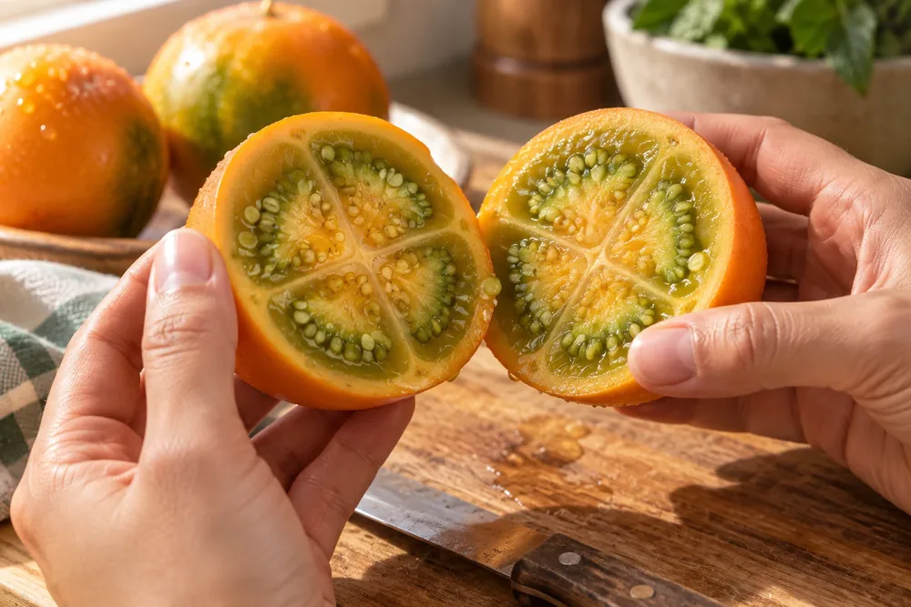 Manos abriendo un lulo mostrando sus semillas reales, pequeñas y de color verde pálido.