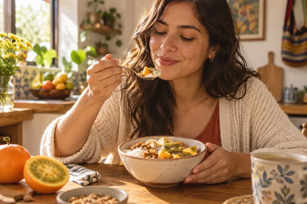 Persona comiendo un bowl con lulo y otros ingredientes frescos en la mesa de la cocina.