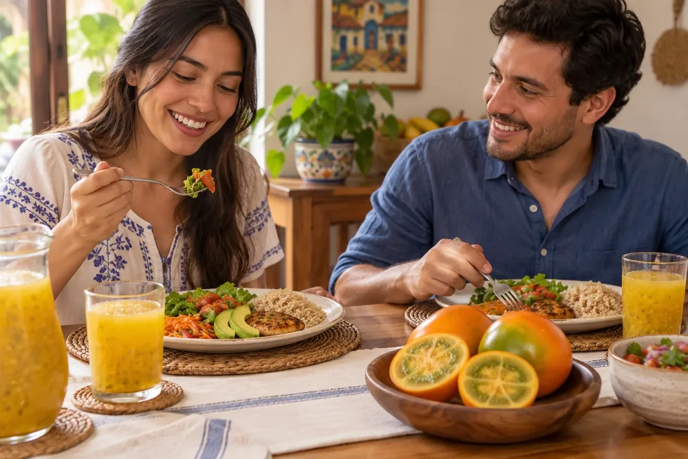 Personas compartiendo una comida casera equilibrada con lulo en la mesa.