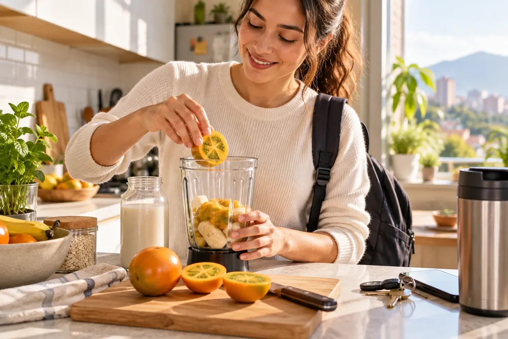Persona preparando un smoothie de lulo en la cocina antes de salir de casa.
