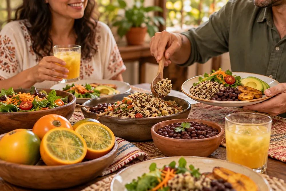 Mesa servida con una comida casera rica en fibra, granos, vegetales y lulo.