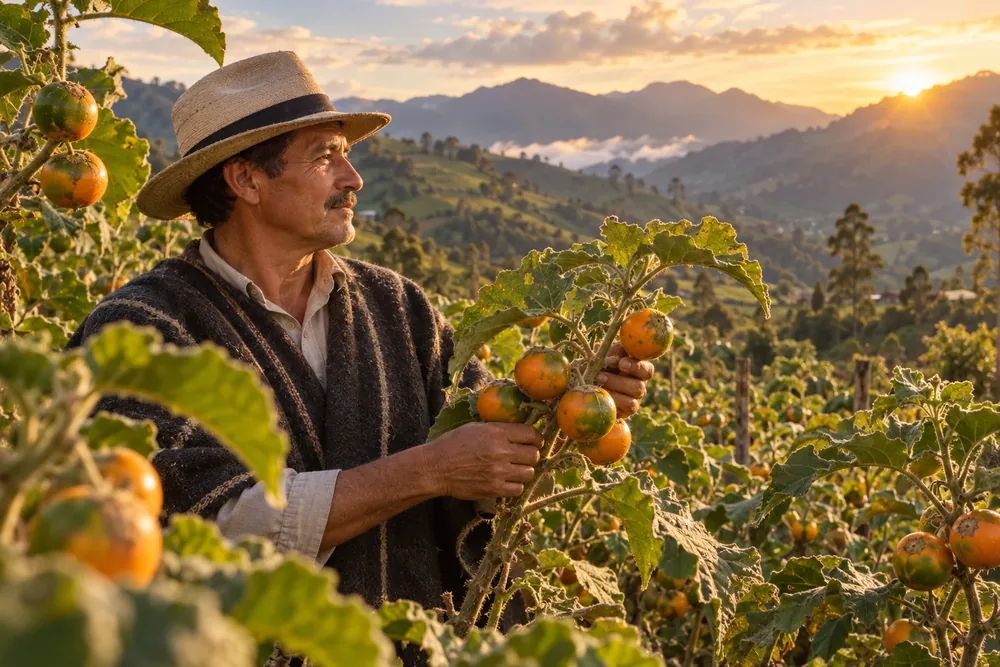 Agricultor sosteniendo una rama con frutos de lulo en un cultivo andino al atardecer.