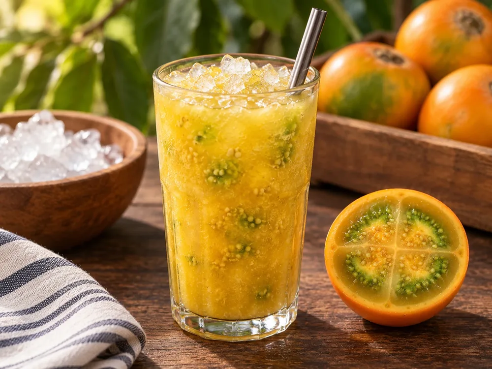 Lulada valluna con lulo macerado, semillas y hielo.