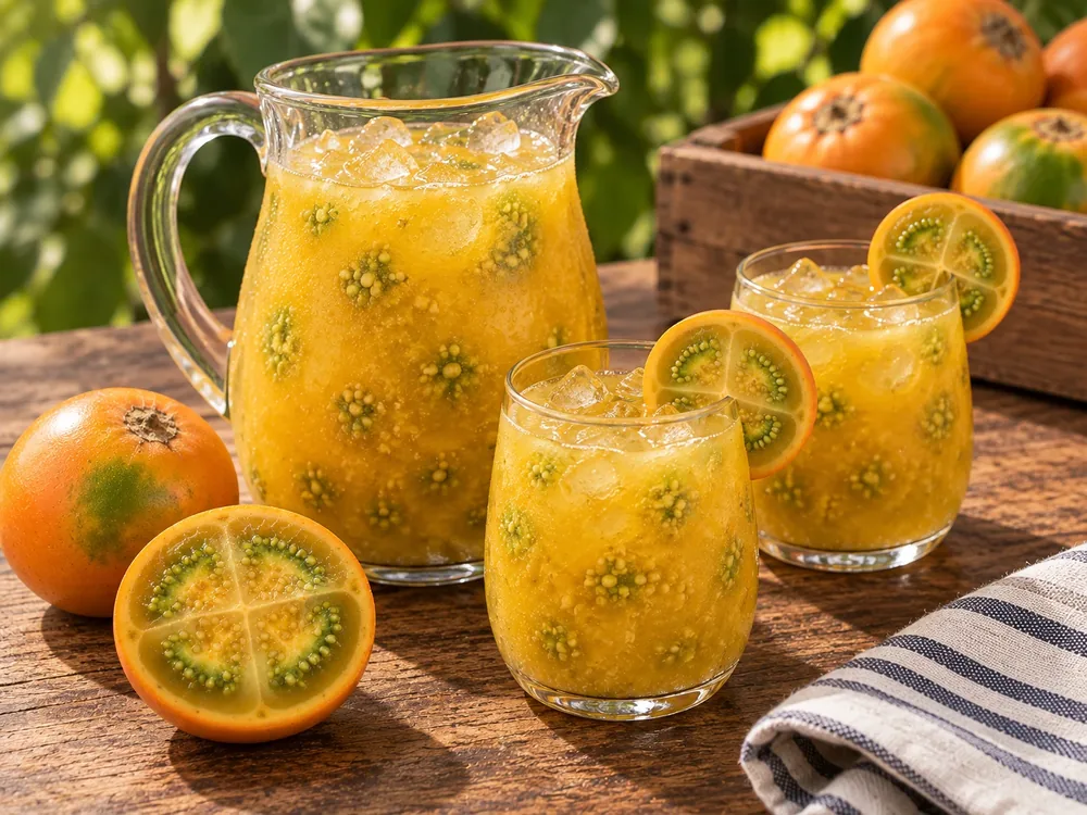 Jugo artesanal de lulo servido frío.