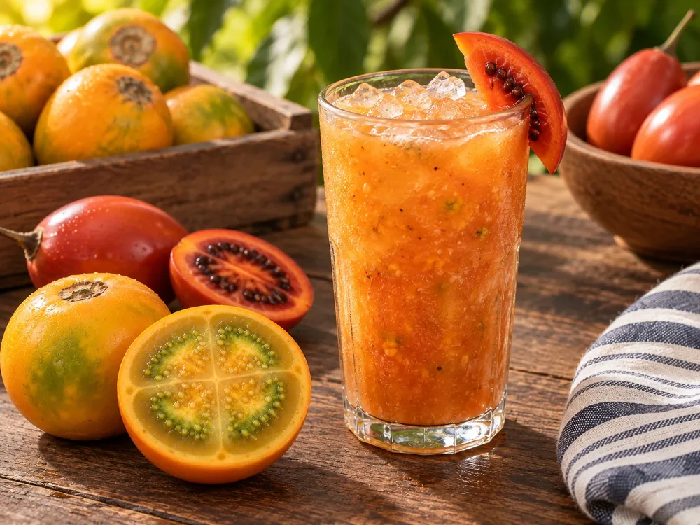 Bebida de lulo y tomate de árbol sobre hielo.