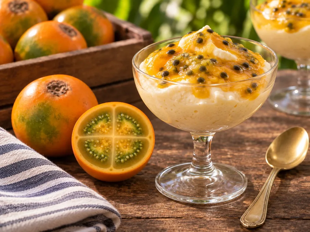 Mousse de maracuyá con coulis de lulo.