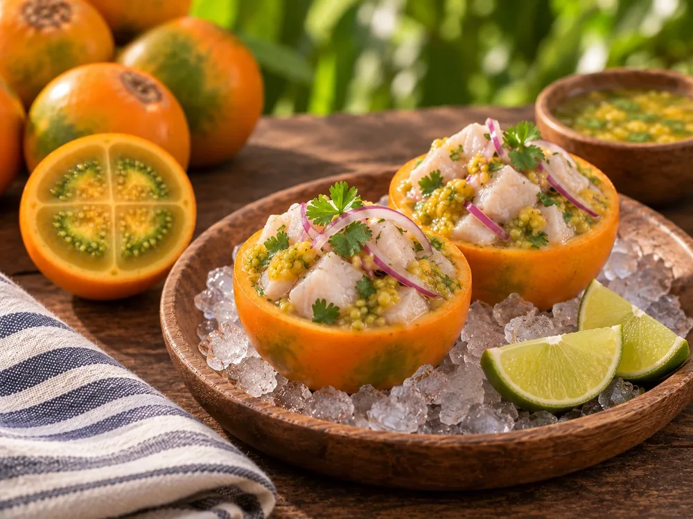 Ceviche de pescado blanco con lulo y cebolla morada.
