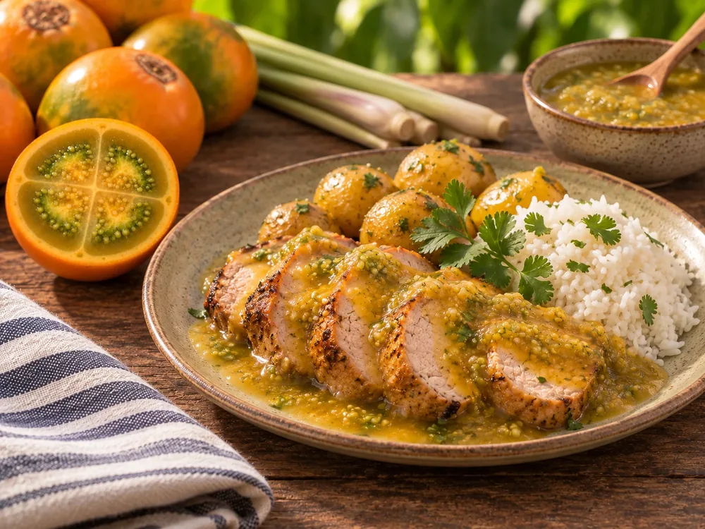 Cerdo servido con salsa de lulo y limonaria.