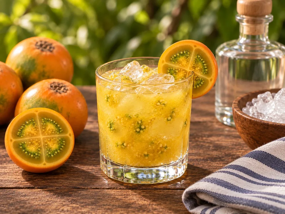 Cóctel de lulo macerado con aguardiente y hielo.
