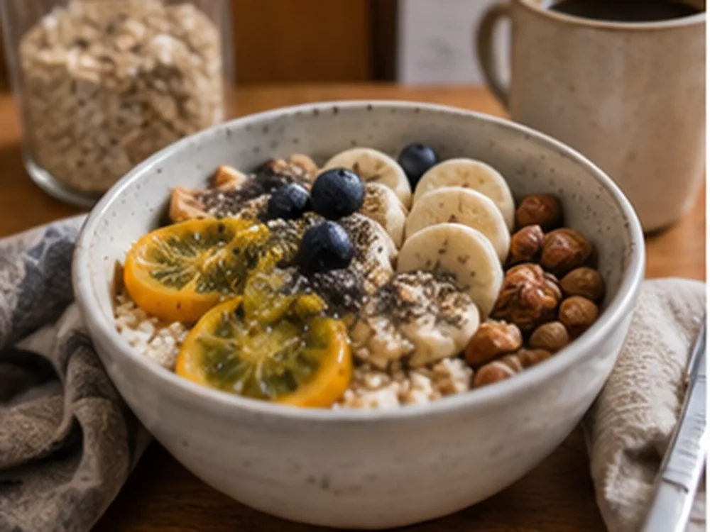 Bowl de desayuno con lulo macerado, avena y semillas visibles, aspecto cotidiano, saludable y real.