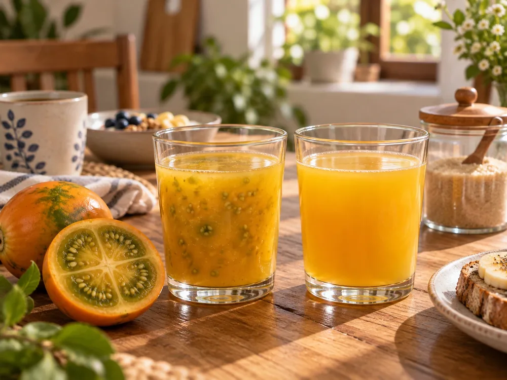 Dos vasos: uno de lulo natural o poco endulzado y otro con azucarero al fondo, mensaje visual de elección, no de prohibición.